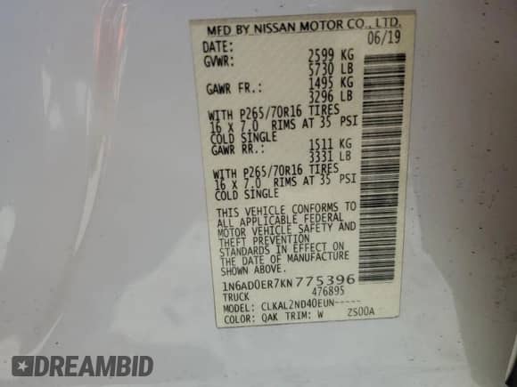 2019 Nissan Frontier SL with VIN 1N6AD0ER7KN775396, listed as a Copart auction lot 49246915 with 87,757 mi miles and Salvage title. Bid and sale history available at DreamBid. Image 13.