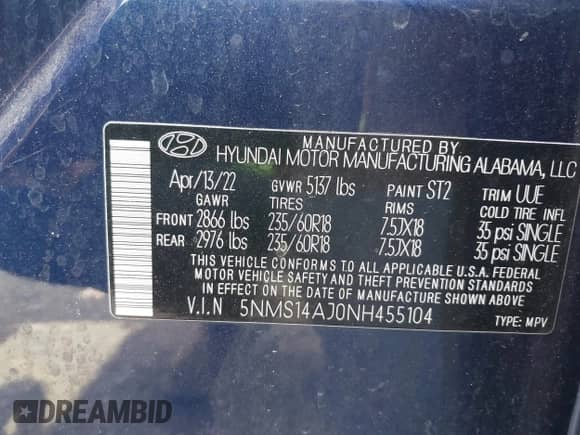 2022 Hyundai Santa Fe SE with VIN 5NMS14AJ0NH455104, listed as a IAAI auction lot 43154573 with 42,048 mi miles and . Bid and sale history available at DreamBid. Image 9.