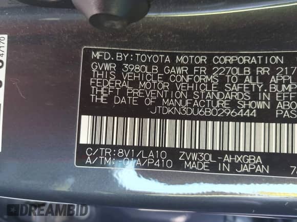 2011 Toyota Prius II with VIN JTDKN3DU6B0296444, listed as a IAAI auction lot 43096450 with 164,048 mi miles and . Bid and sale history available at DreamBid. Image 9.
