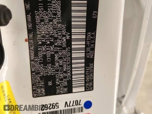 2012 Toyota Sienna с VIN 5TDKA3DC1CS010775, выставлен на аукционе Copart как лот 85138615 с пробегом 172 326 миль миль и На запчасти • Non repairable. История ставок и продаж доступна на DreamBid. Изображение 14.