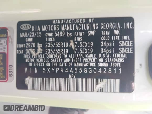 2016 Kia Sorento SXL with VIN 5XYPK4A55GG042811, listed as a IAAI auction lot 42270230 with 149,684 mi miles and . Bid and sale history available at DreamBid. Image 9.