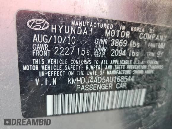 2010 Hyundai Elantra SE с VIN KMHDU4AD5AU168544, выставлен на аукционе Copart как лот 67818135 с пробегом 180 027 миль миль и На запчасти • Non repairable. История ставок и продаж доступна на DreamBid. Изображение 12.