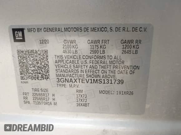 2021 Chevrolet Equinox LT с VIN 3GNAXTEV1MS131739, выставлен на аукционе IAAI как лот 43056243 с пробегом 108 099 миль миль и . История ставок и продаж доступна на DreamBid. Изображение 9.