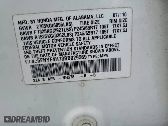 2011 Honda Pilot EX-L с VIN 5FNYF4H73BB029569, выставлен на аукционе Copart как лот 80734085 с пробегом 194 309 миль миль и Списание • Salvage title. История ставок и продаж доступна на DreamBid. Изображение 13.