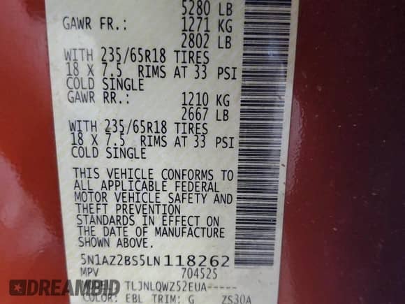 2020 Nissan Murano SV with VIN 5N1AZ2BS5LN118262, listed as a Copart auction lot 84050605 with 52,403 mi miles and Salvage title. Bid and sale history available at DreamBid. Image 14.