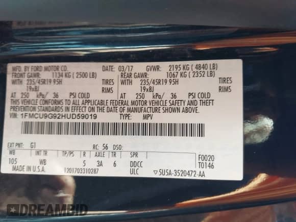 2017 Ford Escape SE z VIN 1FMCU9G92HUD59019, wystawiony jako IAAI lot #43229696 z przebiegiem 110 838 mil mil oraz . Historia ofert i sprzedaży dostępna na DreamBid. Obrazek 9.