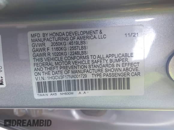 2022 Honda Accord с VIN 1HGCV3F17NA001729, выставлен на аукционе IAAI как лот 41626616 с пробегом 54 200 миль миль и . История ставок и продаж доступна на DreamBid. Изображение 9.