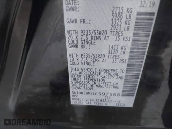 2020 Nissan Pathfinder Platinum with VIN 5N1DR2DM2LC597568, listed as a IAAI auction lot 41868520 with 50,794 mi miles and . Bid and sale history available at DreamBid. Image 9.