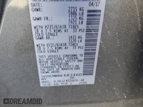 2017 Nissan Pathfinder SL with VIN 5N1DR2MM8HC683460, listed as a Copart auction lot 68386725 with 165,166 mi miles and Salvage title. Bid and sale history available at DreamBid. Image 13.