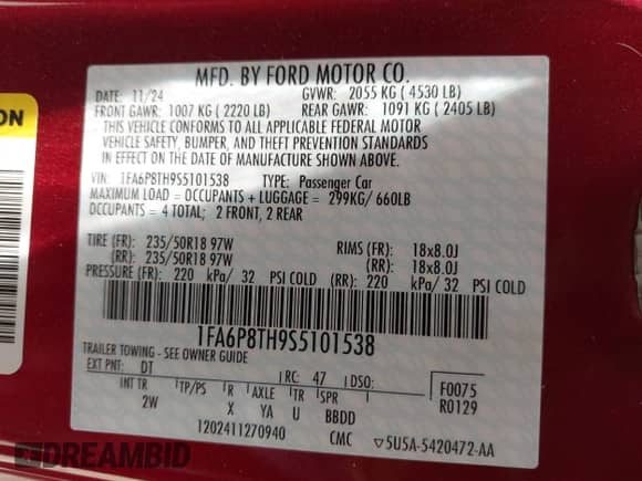 2025 Ford Mustang EcoBoost with VIN 1FA6P8TH9S5101538, listed as a IAAI auction lot 42424384 with 3,203 mi miles and . Bid and sale history available at DreamBid. Image 9.