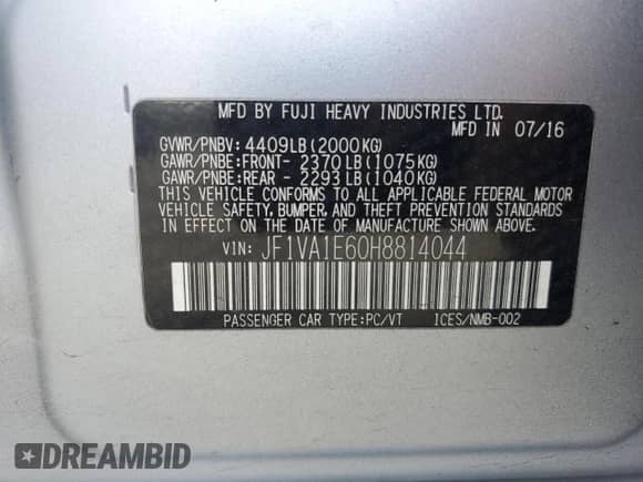 2017 Subaru WRX Premium with VIN JF1VA1E60H8814044, listed as a Copart auction lot 60159555 with 112,395 mi miles and Salvage title. Bid and sale history available at DreamBid. Image 12.