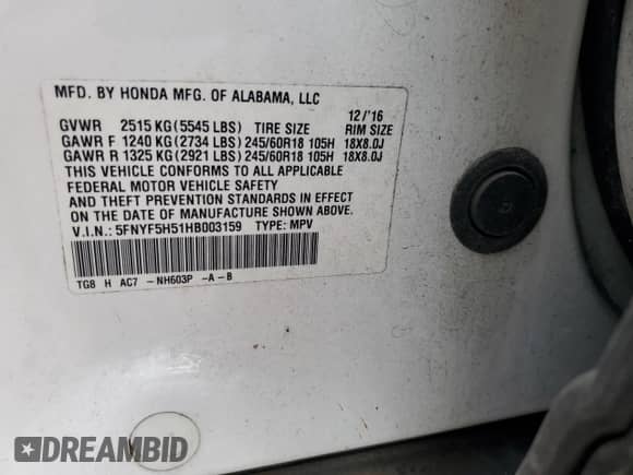 2017 Honda Pilot EX-L with VIN 5FNYF5H51HB003159, listed as a Copart auction lot 71161815 with 184,334 mi miles and Salvage title. Bid and sale history available at DreamBid. Image 13.