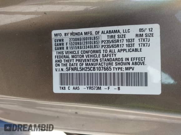 2012 Honda Odyssey LX z VIN 5FNRL5H25CB107665, wystawiony jako IAAI lot #43049375 z przebiegiem 125 129 mil mil oraz . Historia ofert i sprzedaży dostępna na DreamBid. Obrazek 9.