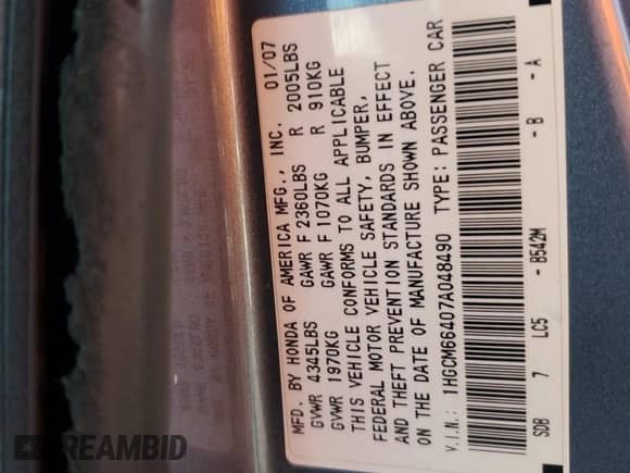 2007 Honda Accord LX SE with VIN 1HGCM66407A048490, listed as a Copart auction lot 82225445 with 133,312 mi miles and Salvage title. Bid and sale history available at DreamBid. Image 12.