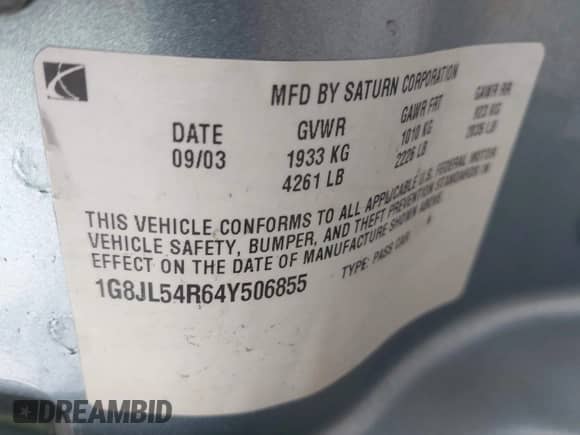 2004 Saturn L with VIN 1G8JL54R64Y506855, listed as a IAAI auction lot 42349223 with 212,231 mi miles and . Bid and sale history available at DreamBid. Image 9.