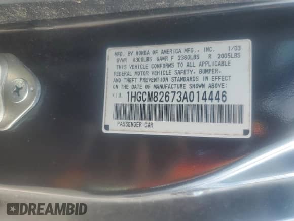 2003 Honda Accord EX с VIN 1HGCM82673A014446, выставлен на аукционе Copart как лот 68815865 с пробегом 170 451 миль миль и Списание • Salvage title. История ставок и продаж доступна на DreamBid. Изображение 12.