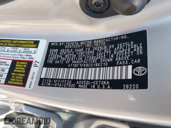 2012 Toyota Camry L with VIN 4T1BF1FK8CU186210, listed as a IAAI auction lot 43188591 with 62,718 mi miles and . Bid and sale history available at DreamBid. Image 9.