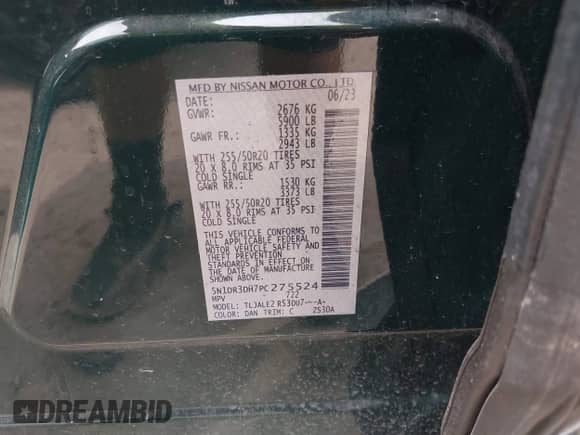 2023 Nissan Pathfinder Platinum with VIN 5N1DR3DH7PC275524, listed as a IAAI auction lot 42061025 with 22,670 mi miles and . Bid and sale history available at DreamBid. Image 9.