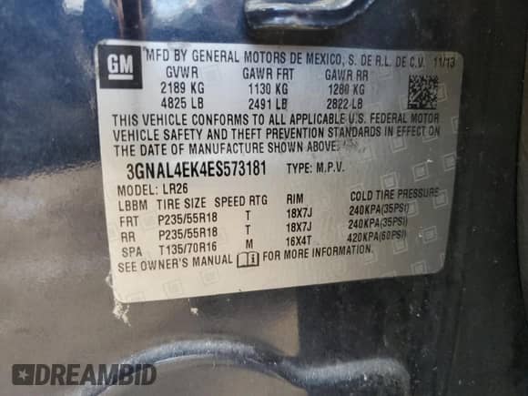 2014 Chevrolet Captiva Sport LTZ с VIN 3GNAL4EK4ES573181, выставлен на аукционе Copart как лот 74388154 с пробегом Не указан миль и На запчасти • Non repairable. История ставок и продаж доступна на DreamBid. Изображение 13.