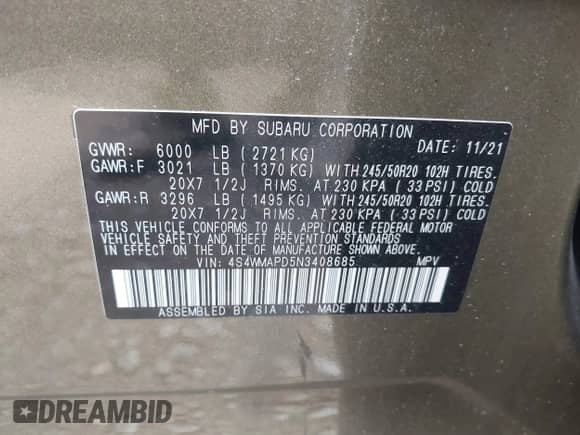 2022 Subaru Ascent Limited с VIN 4S4WMAPD5N3408685, выставлен на аукционе IAAI как лот 42848510 с пробегом 41 210 миль миль и . История ставок и продаж доступна на DreamBid. Изображение 9.