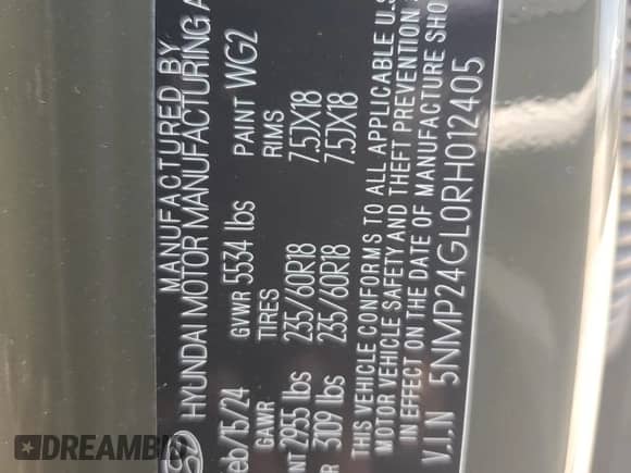 2024 Hyundai Santa Fe SEL с VIN 5NMP24GL0RH012405, выставлен на аукционе Copart как лот 66685704 с пробегом 3 106 миль миль и Списание • Salvage title. История ставок и продаж доступна на DreamBid. Изображение 13.