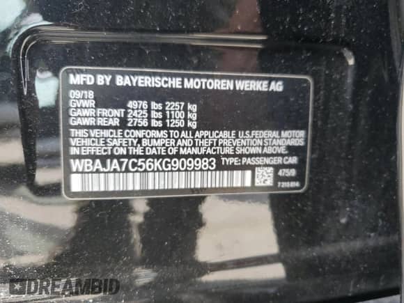 2019 BMW 5 Series 530i xDrive with VIN WBAJA7C56KG909983, listed as a Copart auction lot 70495795 with 23,117 mi miles and Salvage title. Bid and sale history available at DreamBid. Image 13.