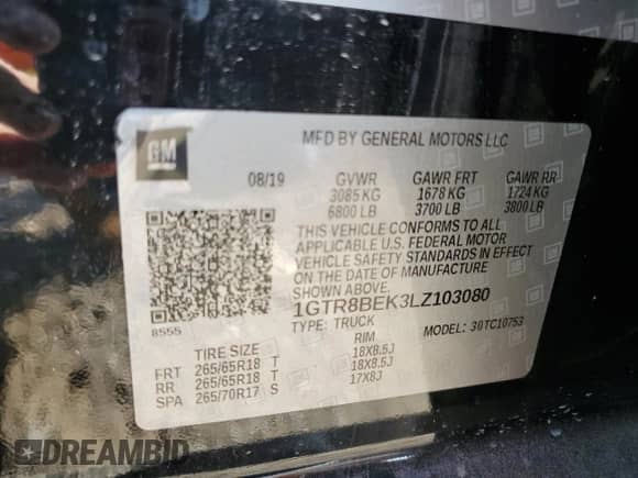 2020 GMC Sierra 1500 SLE z VIN 1GTR8BEK3LZ103080, wystawiony jako Copart lot #75664524 z przebiegiem 34 557 mil mil oraz Czysty tytuł • Clean title. Historia ofert i sprzedaży dostępna na DreamBid. Obrazek 12.