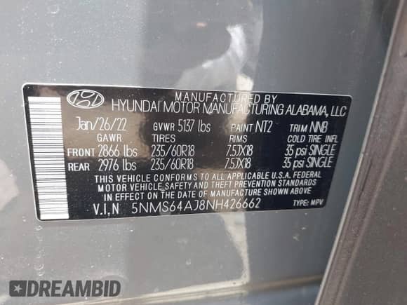 2022 Hyundai Santa Fe XRT с VIN 5NMS64AJ8NH426662, выставлен на аукционе IAAI как лот 42729160 с пробегом 63 926 миль миль и . История ставок и продаж доступна на DreamBid. Изображение 9.