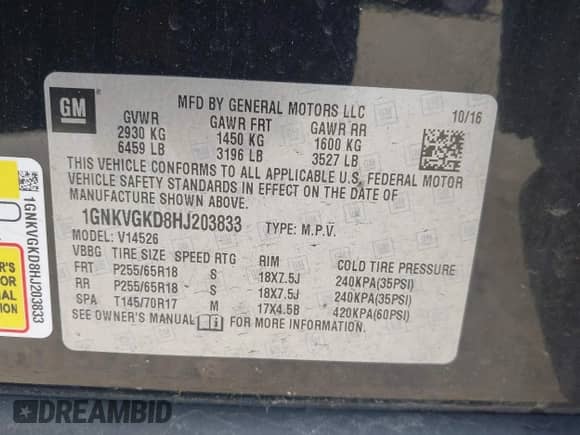 2017 Chevrolet Traverse LT с VIN 1GNKVGKD8HJ203833, выставлен на аукционе IAAI как лот 43213532 с пробегом Не указан миль и . История ставок и продаж доступна на DreamBid. Изображение 9.