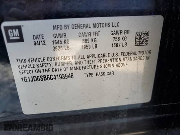 2012 Chevrolet Sonic LT with VIN 1G1JD6SB6C4193948, listed as a Copart auction lot 46372895 with 65,802 mi miles and Clean title. Bid and sale history available at DreamBid. Image 12.