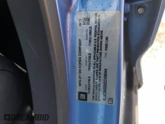 2014 Chevrolet Spark LS с VIN KL8CB6S9XEC426444, выставлен на аукционе Copart как лот 83997135 с пробегом 103 648 миль миль и Списание • Salvage title. История ставок и продаж доступна на DreamBid. Изображение 13.