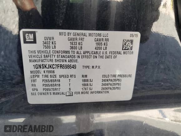 2015 Chevrolet Suburban LT с VIN 1GNSKJKC7FR698649, выставлен на аукционе Copart как лот 81584735 с пробегом 128 360 миль миль и Списание • Salvage title. История ставок и продаж доступна на DreamBid. Изображение 13.