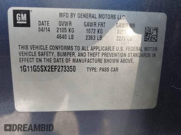 2014 Chevrolet Malibu LT с VIN 1G11G5SX2EF273350, выставлен на аукционе IAAI как лот 43175453 с пробегом Не указан миль и . История ставок и продаж доступна на DreamBid. Изображение 9.