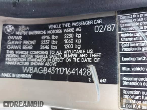 1988 BMW 7 Series с VIN WBAGB4311J1641428, выставлен на аукционе Copart как лот 62552005 с пробегом Не указан миль и Чистый • Clean title. История ставок и продаж доступна на DreamBid. Изображение 12.