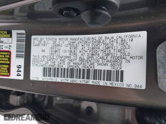 2010 Toyota Tacoma with VIN 3TMLU4EN1AM051034, listed as a IAAI auction lot 43020609 with 224,737 mi miles and . Bid and sale history available at DreamBid. Image 9.
