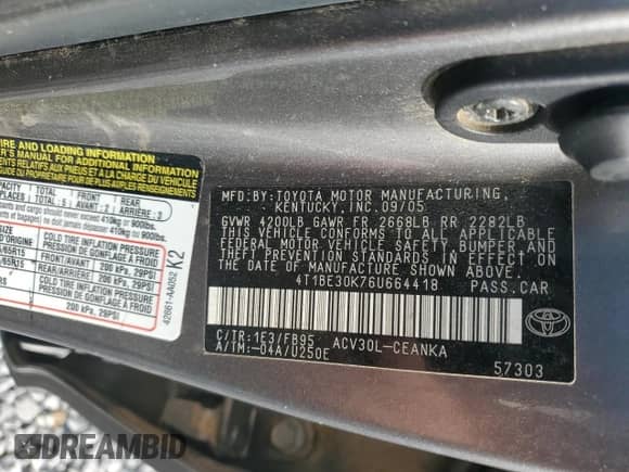 2006 Toyota Camry STD with VIN 4T1BE30K76U664418, listed as a Copart auction lot 67488105 with 231,168 mi miles and Salvage title. Bid and sale history available at DreamBid. Image 13.