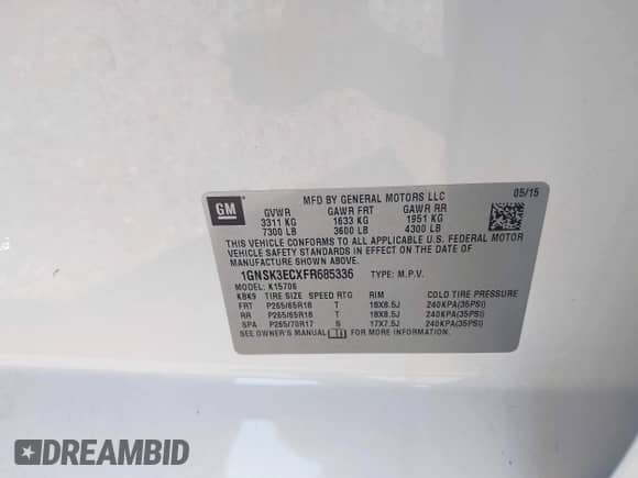 2015 Chevrolet Tahoe Commercial with VIN 1GNSK3ECXFR685336, listed as a IAAI auction lot 43053679 with 93,687 mi miles and . Bid and sale history available at DreamBid. Image 9.