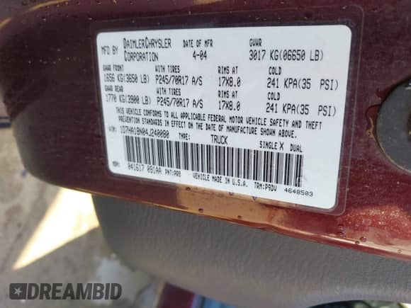 2004 Dodge 1500 SLT with VIN 1D7HA18N04J240080, listed as a IAAI auction lot 43237408 with Not provided miles and . Bid and sale history available at DreamBid. Image 9.