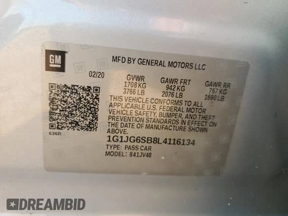 2020 Chevrolet Sonic LT with VIN 1G1JG6SB8L4116134, listed as a Copart auction lot 69114095 with 90,970 mi miles and Salvage title. Bid and sale history available at DreamBid. Image 12.