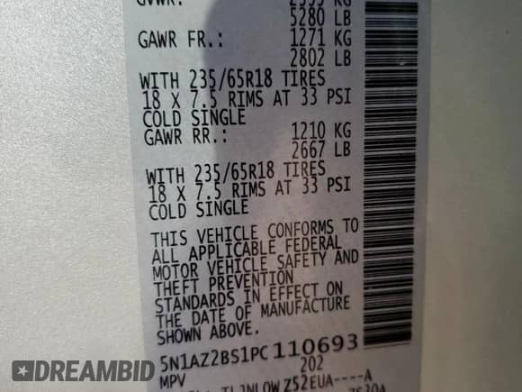 2023 Nissan Murano SV with VIN 5N1AZ2BS1PC110693, listed as a Copart auction lot 58947275 with 33,141 mi miles and Salvage title. Bid and sale history available at DreamBid. Image 12.