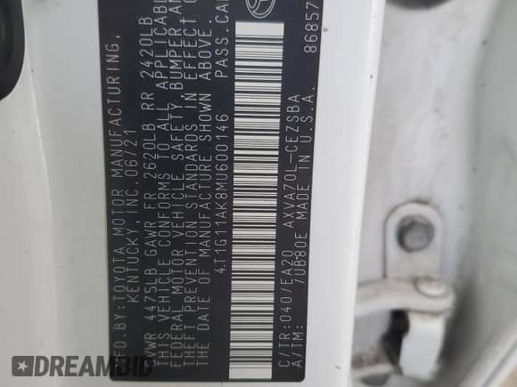 2021 Toyota Camry SE z VIN 4T1G11AK8MU600146, wystawiony jako Copart lot #67605565 z przebiegiem 84 937 mil mil oraz Szkoda całkowita • Salvage title. Historia ofert i sprzedaży dostępna na DreamBid. Obrazek 12.