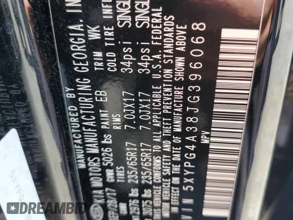 2018 Kia Sorento LX z VIN 5XYPG4A38JG396068, wystawiony jako Copart lot #70809795 z przebiegiem 88 765 mil mil oraz Szkoda całkowita • Salvage title. Historia ofert i sprzedaży dostępna na DreamBid. Obrazek 13.