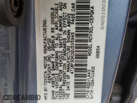 2002 Toyota Camry LE с VIN 4T1BF30K02U535945, выставлен на аукционе Copart как лот 85179885 с пробегом 189 173 миль миль и Списание • Salvage title. История ставок и продаж доступна на DreamBid. Изображение 12.