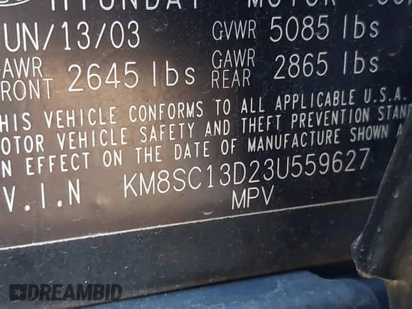 2003 Hyundai Santa Fe GLS с VIN KM8SC13D23U559627, выставлен на аукционе IAAI как лот 43465517 с пробегом 169 962 миль миль и . История ставок и продаж доступна на DreamBid. Изображение 9.