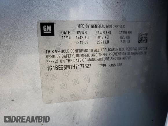 2017 Chevrolet Cruze LT with VIN 1G1BE5SM1H7177627, listed as a Copart auction lot 68426325 with 164,943 mi miles and Salvage title. Bid and sale history available at DreamBid. Image 12.