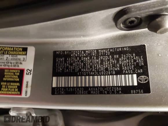 2020 Toyota Camry SE with VIN 4T1G11AK3LU922918, listed as a IAAI auction lot 43345505 with 93,215 mi miles and . Bid and sale history available at DreamBid. Image 9.