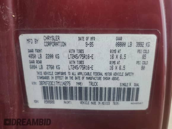 1996 Dodge 2500 with VIN 3B7KF23C1TM114275, listed as a Copart auction lot 82861664 with 263,755 mi miles and Salvage title. Bid and sale history available at DreamBid. Image 12.