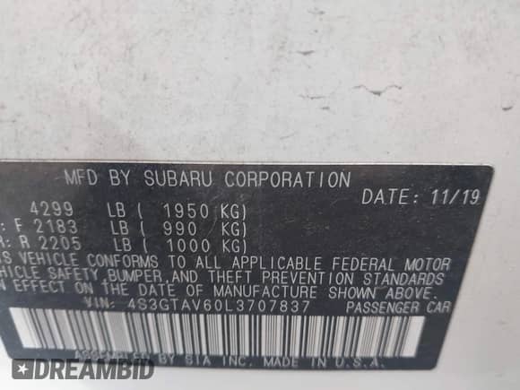 2020 Subaru Impreza Premium with VIN 4S3GTAV60L3707837, listed as a IAAI auction lot 42474529 with 65,464 mi miles and . Bid and sale history available at DreamBid. Image 9.