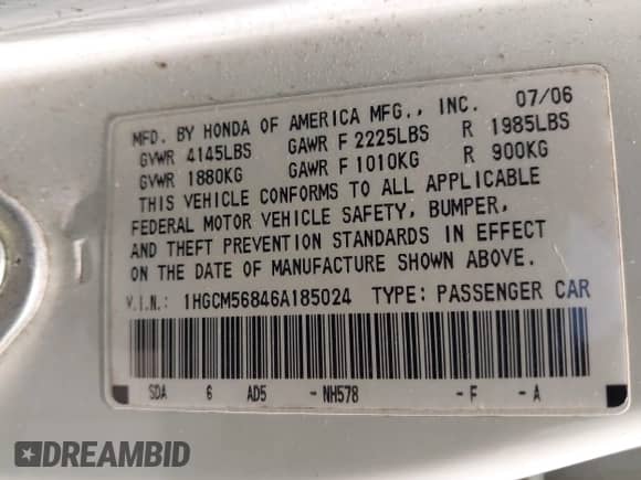 2006 Honda Accord EX-L with VIN 1HGCM56846A185024, listed as a IAAI auction lot 43207396 with 162,722 mi miles and . Bid and sale history available at DreamBid. Image 9.