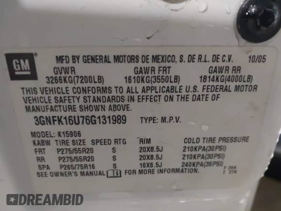 2006 Chevrolet Suburban LTZ with VIN 3GNFK16U76G131989, listed as a IAAI auction lot 42014629 with 218,151 mi miles and . Bid and sale history available at DreamBid. Image 9.